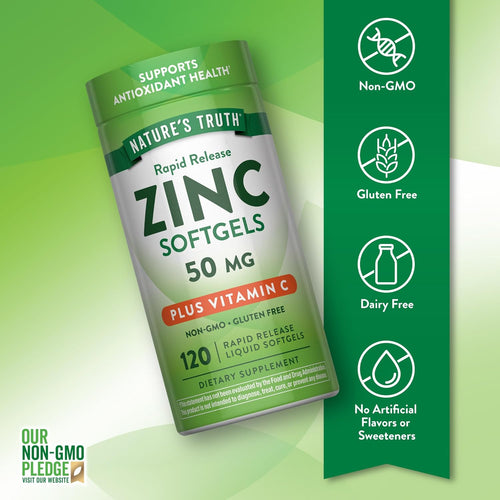 Nature's Truth Zinc Softgels 50 mg Plus Vitamin C, with 120 rapid release liquid softgels in the bottle.
