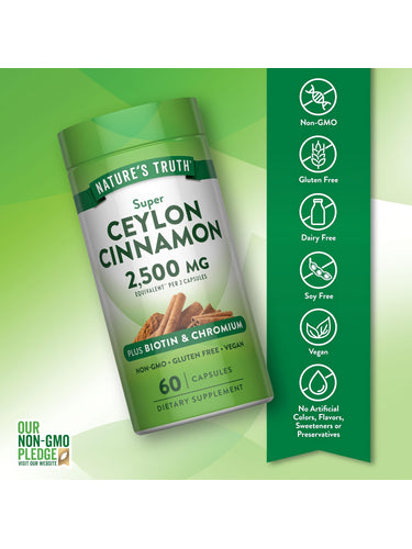 Cinnamon bottle with icons indicating Non-GMO, Gluten Free, Dairy Free, Soy Free, Vegan, No Artificial Colors, Flavors, or Preservatives.