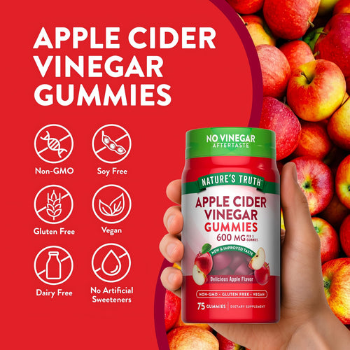 Apple Cider Vinegar Gummies bottle with icons indicating Non-GMO, Soy Free, Gluten Free, Vegan, Dairy Free, No Artificial Sweeteners.