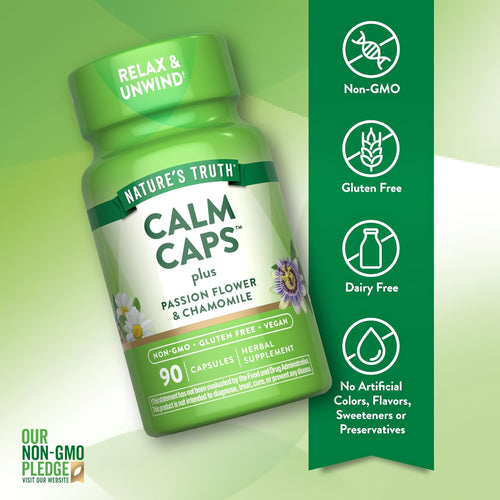 Nature's Truth Calm Caps with Passion Flower & Chamomile, 90 Non-GMO, Gluten-Free, Vegan Capsules. Helps relax and unwind.