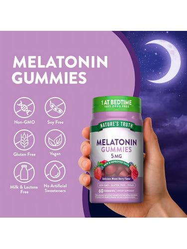 Melatonin Gummies bottle with icons indicating Non-GMO, Soy Free, Gluten Free, Vegan, Milk & Lactose Free, No Artificial Sweeteners.