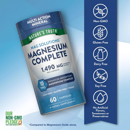 Magnesium Complete bottle with icons indicating Non-GMO, Gluten Free, Dairy Free, Soy Free, No Artificial Flavors or Preservatives.