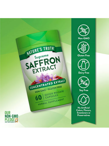 Saffron Extract bottle with icons indicating Non-GMO, Gluten Free, Dairy Free, Soy Free, No Artificial Colors, Flavors, Sweeteners, Preservatives.