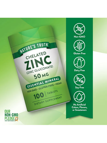Nature's Truth Chelated Zinc (Zinc Gluconate) 50 mg dietary supplement, 100 tablets bottle.