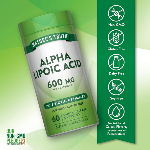 Alpha Lipoic Acid bottle with icons indicating Non-GMO, Gluten Free, Dairy Free, Soy Free, and free from artificial additives.