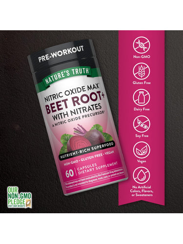 Beet Root bottle with icons indicating Non-GMO, Gluten Free, Dairy Free, Soy Free, Vegan, No Artificial Colors/Flavors/Sweeteners.