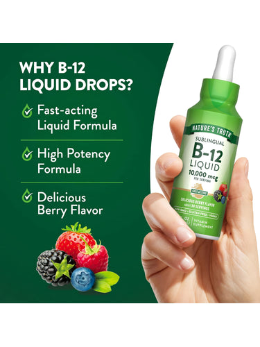 Product highlights graphic stating Fast-acting Liquid Formula, High Potency, and Delicious Berry Flavor for enhanced benefits.