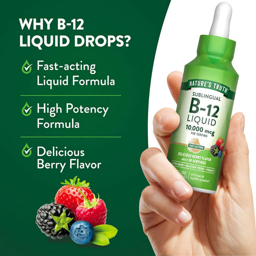 Product highlights graphic stating Fast-acting Liquid Formula, High Potency, and Delicious Berry Flavor for enhanced benefits.