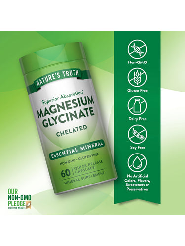 Magnesium Glycinate bottle with icons indicating Non-GMO, Gluten Free, Dairy Free, Soy Free, No Artificial Colors/Flavors/Sweeteners/Preservatives.