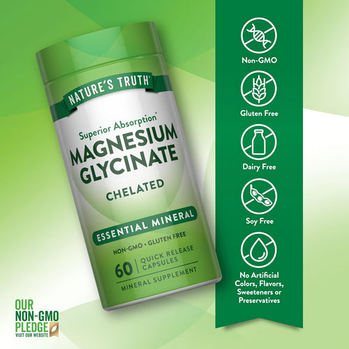 Magnesium Glycinate bottle with icons indicating Non-GMO, Gluten Free, Dairy Free, Soy Free, No Artificial Colors/Flavors/Sweeteners/Preservatives.