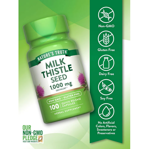 Milk Thistle bottle with icons indicating Non-GMO, Gluten Free, Dairy Free, Soy Free, No Artificial Colors, Flavors, Sweeteners or Preservatives.