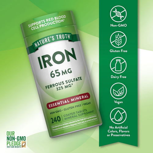 Iron bottle with icons indicating Non-GMO, Gluten Free, Dairy Free, Vegan, No Artificial Colors, Flavors or Preservatives.