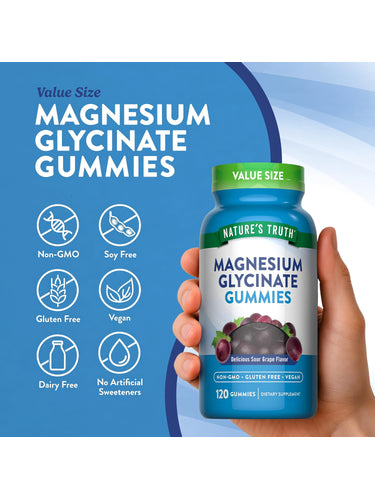 Magnesium Glycinate bottle with icons indicating Non-GMO, Soy Free, Gluten Free, Vegan, Dairy Free, No Artificial Sweeteners.