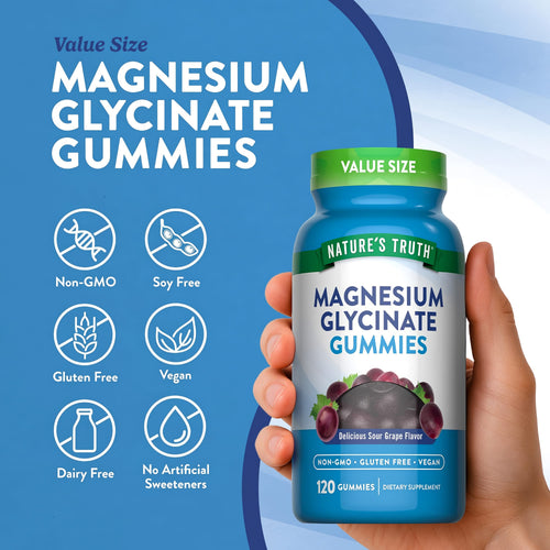 Magnesium Glycinate bottle with icons indicating Non-GMO, Soy Free, Gluten Free, Vegan, Dairy Free, No Artificial Sweeteners.