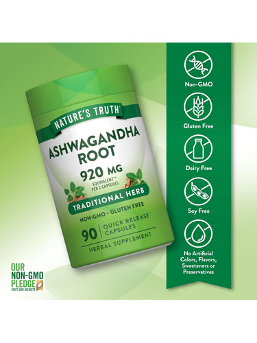Nature's Truth Ashwagandha Root 920 MG Equivalent per 2 capsules, 90 Quick Release Capsules. Non-GMO, Gluten Free.