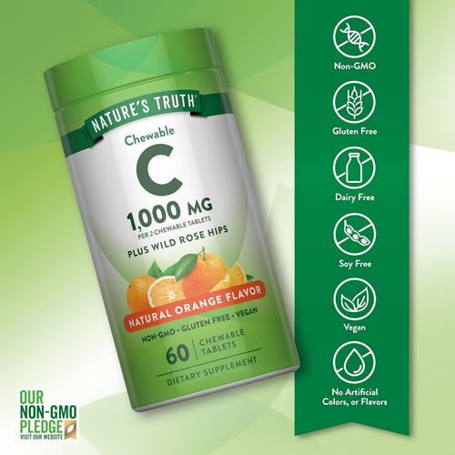NT C bottle showing it's Non-GMO, Gluten Free, Dairy Free, Soy Free, Vegan, with No Artificial Colors or Flavors.