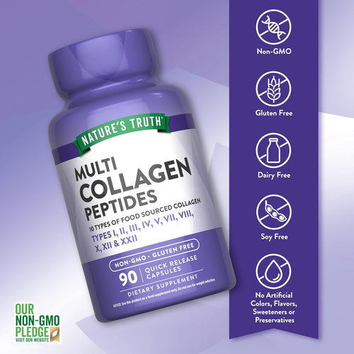 Multi Collagen Peptides, offering 10 types of food-sourced collagen, 90 quick-release capsules. Non-GMO and gluten-free.