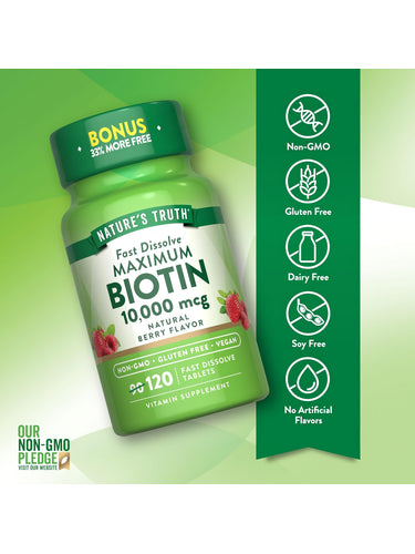 Biotin 10,000 mcg Natural Berry Flavor, 120 Fast Dissolve Tablets with 33% more free.