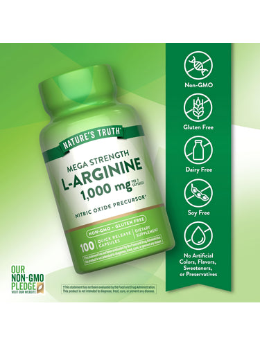 L-Arginine bottle with icons indicating Non-GMO, Gluten Free, Dairy Free, Soy Free, No Artificial Colors, Flavors, Sweeteners, or Preservatives.