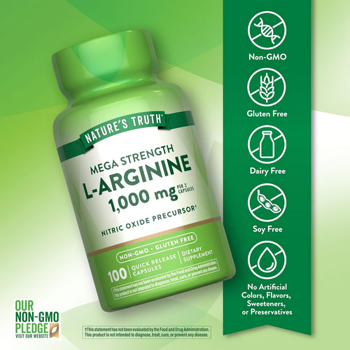 L-Arginine bottle with icons indicating Non-GMO, Gluten Free, Dairy Free, Soy Free, No Artificial Colors, Flavors, Sweeteners, or Preservatives.