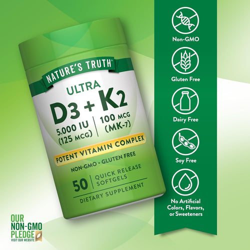 Nature's Truth Ultra D3 + K2 contains 5,000 IU D3 and 100 MCG K2 in a bottle of 50 softgels.