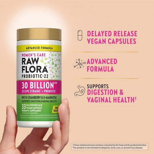 Product highlights graphic stating Delayed Release Vegan Capsules, Advanced Formula, Supports Digestion and Vaginal Health.