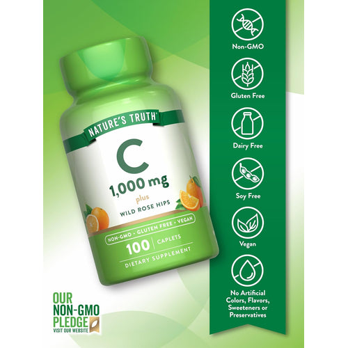 Nature's Truth Vitamin C 1,000 mg with Wild Rose Hips, Non-GMO, Gluten Free, Vegan 100 Caplets Dietary Supplement.