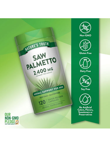 Saw Palmetto 2,400 mg equivalent in 120 quick release capsules as a herbal supplement.