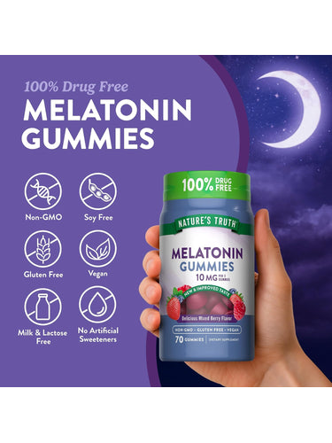 Melatonin Gummies bottle with icons indicating Non-GMO, Soy Free, Gluten Free, Vegan, Milk & Lactose Free, No Artificial Sweeteners.