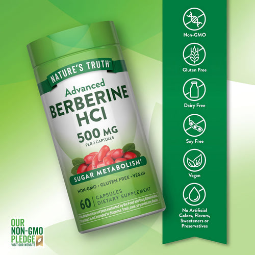 Berberine bottle with icons indicating Non-GMO, Gluten Free, Dairy Free, Soy Free, Vegan, No Artificial Colors/Flavors/Preservatives.