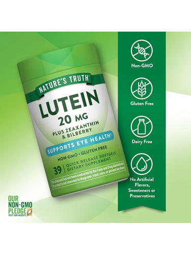 Lutein bottle with icons indicating Non-GMO, Gluten Free, Dairy Free, No Artificial Flavors, Sweeteners, or Preservatives.