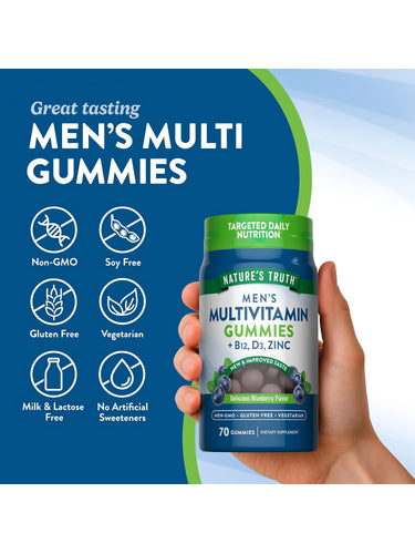 Men's Multi Gummies bottle with icons indicating Non-GMO, Soy Free, Gluten Free, Vegetarian, Milk & Lactose Free, No Artificial Sweeteners.