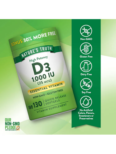 D3 bottle labeled as Non-GMO, Gluten Free, Dairy Free, Soy Free, with no artificial colors, flavors, sweeteners, or preservatives.