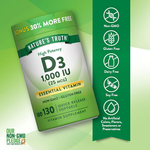 D3 bottle labeled as Non-GMO, Gluten Free, Dairy Free, Soy Free, with no artificial colors, flavors, sweeteners, or preservatives.