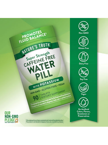 Water Pill bottle with icons indicating Non-GMO, Gluten Free, Dairy Free, Soy Free, Vegan, No Artificial Colors, Flavors, Sweeteners, Preservatives.