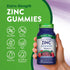 Zinc Gummies bottle with icons indicating Non-GMO, Soy Free, Gluten Free, Vegan, Dairy Free, No Artificial Sweeteners.
