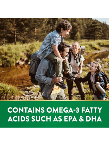 A family of four with two children hikes outdoors by a stream. Text: Contains Omega-3 Fatty Acids such as EPA & DHA.