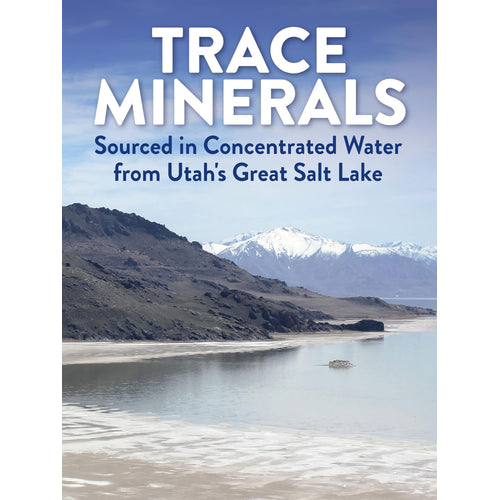 Text 'TRACE MINERALS Sourced in Concentrated Water from Utah's Great Salt Lake' over a scenic lake and mountains.