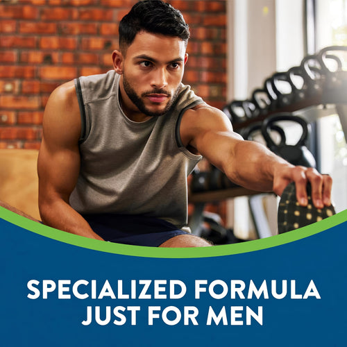 Young man stretching in a gym, featuring NT Mens Multi 70 Gummies for health.