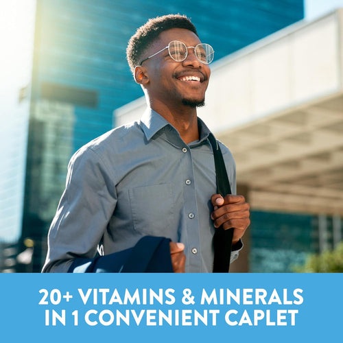 Young adult Black man smiling outdoors. Text states: '20+ VITAMINS & MINERALS IN 1 CONVENIENT CAPLET'.