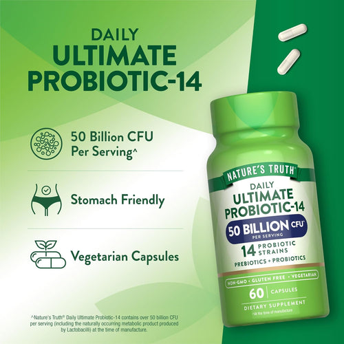 Nature's Truth Daily Ultimate Probiotic-14 with 50 Billion CFU, 14 Probiotic Strains, and 60 Vegetarian Capsules.