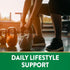An adult woman squats with a kettlebell in a gym. Text overlay reads 'DAILY LIFESTYLE SUPPORT'.