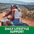 Smiling young couple riding an ATV on a dirt road in the mountains. Text banner at bottom: DAILY LIFESTYLE SUPPORT.