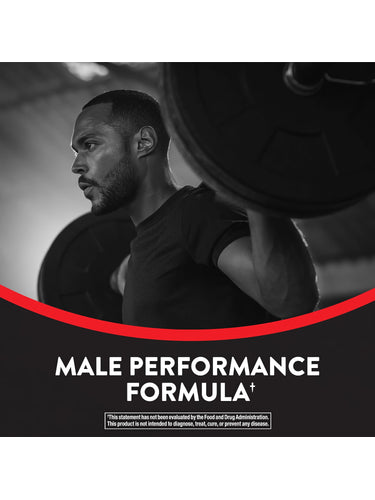 Man weightlifting with a bottle of Male Performance Formula nearby.