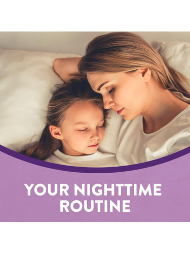 Adult and young female sleeping, promoting YOUR NIGHTTIME ROUTINE with NT Melatonin Gummies.