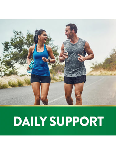 An adult man and woman run outdoors with 'DAILY SUPPORT' text promoting Calcium + D3 benefits.