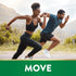 A young adult man and woman jogging outdoors with the word 'MOVE' displayed at the bottom.