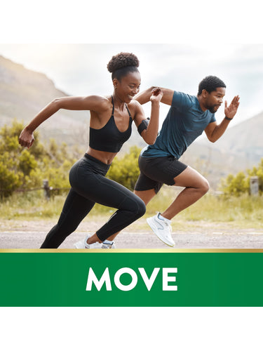 A young adult man and woman jogging outdoors with the word 'MOVE' displayed at the bottom.