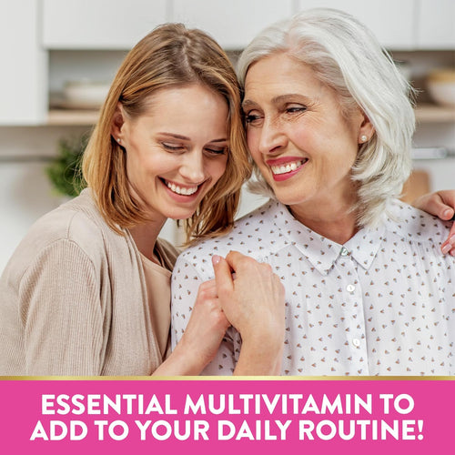 Younger and older women smiling and holding hands, with graphic text 'Essential multivitamin to add to your daily routine!'.