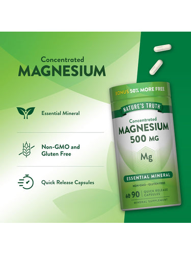 Product highlights graphic stating Essential Mineral, Non-GMO and Gluten Free, Quick Release Capsules for optimal benefits.